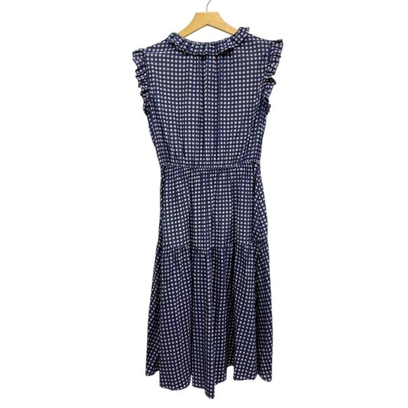 Tucker Navy Check Print Ruffle Midi Dress Silk Cotton Blend Sleeveless size M - Picture 7 of 7